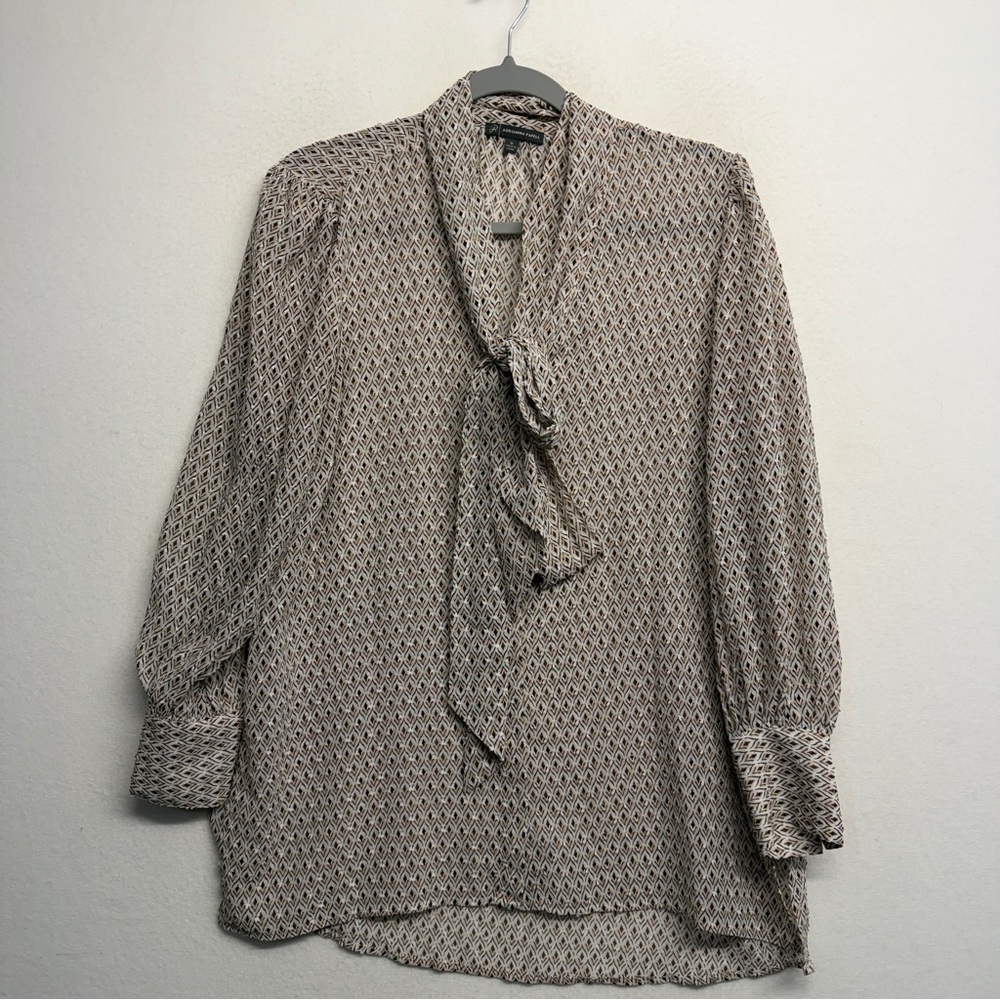 Adrianna Papell‎ M Sheer Blouse Tie Neck Swiss Dot Long Sleeve
